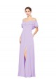 Ruffled Off the Shoulder Long Chiffon Bridesmaid Dress with Slit