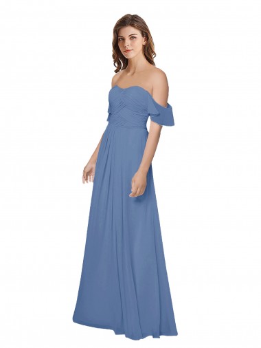 Flutter Sleeves Scoop Neck Off the Shoulder Long Chiffon Bridesmaid Dress