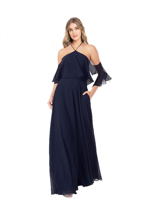 Halter Neck Cold Shoulder Flutter Sleeves Bridesmaid Dress