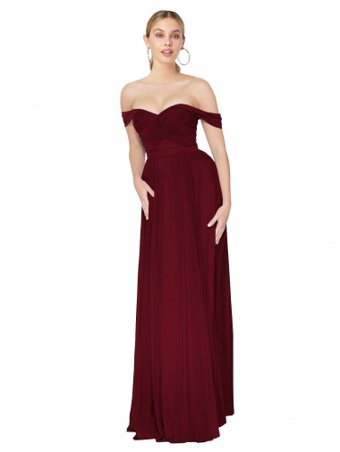 Shirred Sweetheat Neckline Off the Shoulder Long Chiffon Bridesmaid Dress / Formal Prom Dress