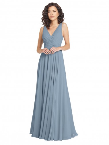Faux Surplice Bodice Long Chiffon Bridesmaid Dress with V-Neckline