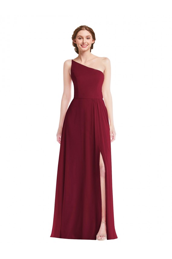 One Shoulder Chiffon Maxi Bridesmaid Dress with Shirred Front Slit