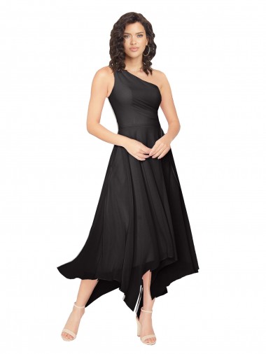 Midi Length One Shoulder Chiffon Cocktail Bridesmaid Dress