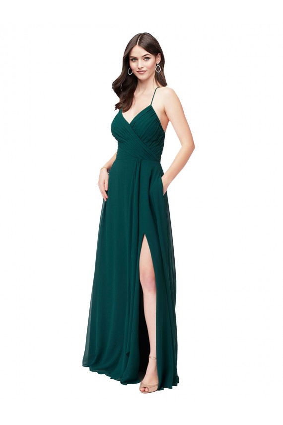 Chiffon Bridesmaid Dress with Draped Surplice Bodice & Pockets
