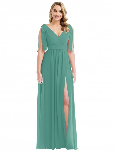 Plunge Neckline Bow Shoulder Chiffon Maxi Bridesmaid Dress