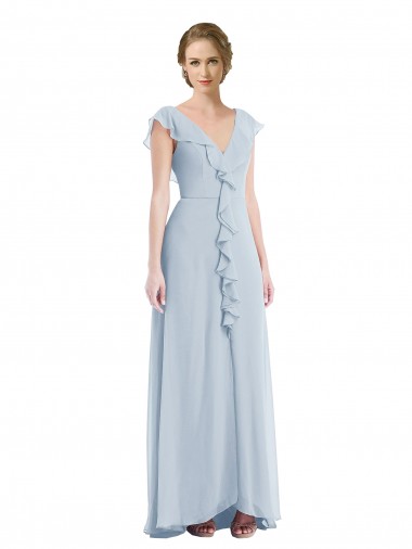 Ruffle Trimmed V Back Chiffon Maxi Bridesmaid Dress