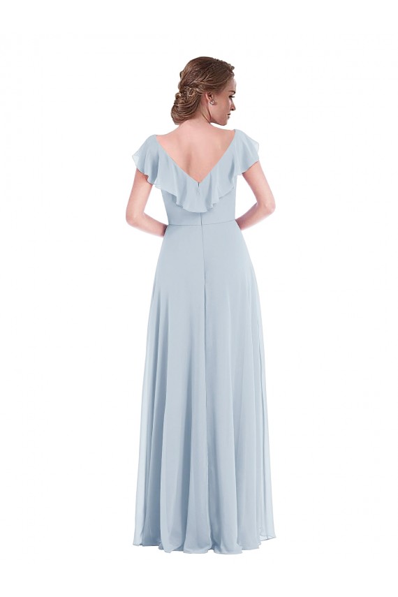 Ruffle Trimmed V Back Chiffon Maxi Bridesmaid Dress