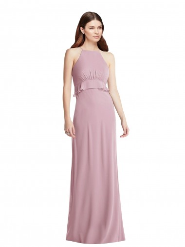 Bias Ruffle Empire Waist Halter Maxi Bridesmaid Dress
