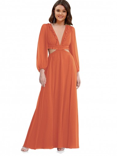 High Low Ruffled Long Chiffon Cutout Bishop Sleeves Maxi Bridesmaid Dress