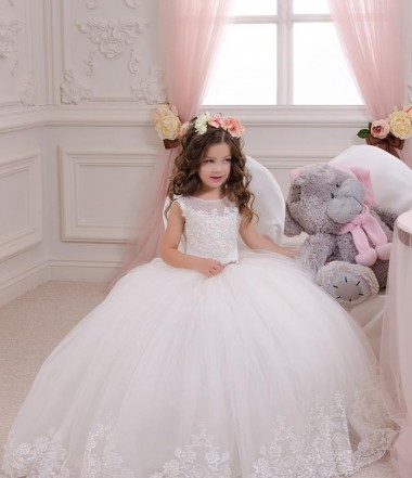 Ivory Ball Gown Bateau Neck Chapel Train Sleeveless Flower Girl Dress
