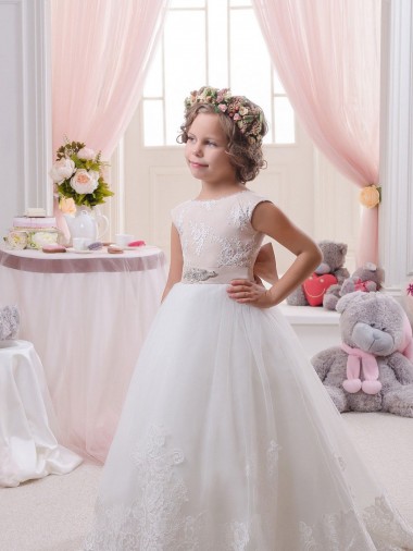 Ivory Ball Gown Bateau Neck Chapel Train V-Back Flower Girl Dress