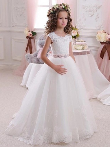 Ivory Ball Gown High Neck Floor Length Keyhole Back Flower Girl Dress