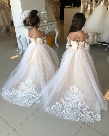 Ivory Ball Gown Sweetheart Chapel Train Long Sleeve Flower Girl Dress