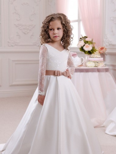 Ivory Ball Gown V-Neck Chapel Train Long Sleeve Flower Girl Dress