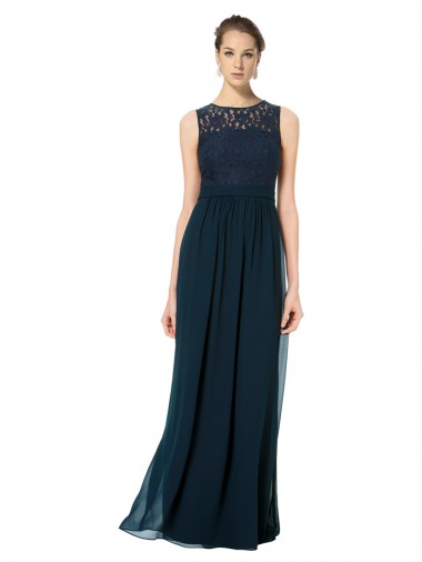 Long Chiffon Bridesmaid Dress with Lace Sleeveless Bodice and Keyhole Back