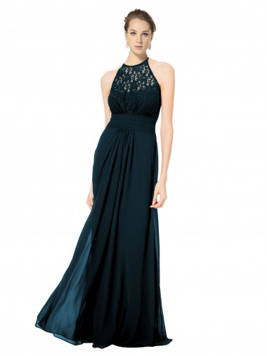 Lace Halter Bodice Long Chiffon Bridesmaid Dress