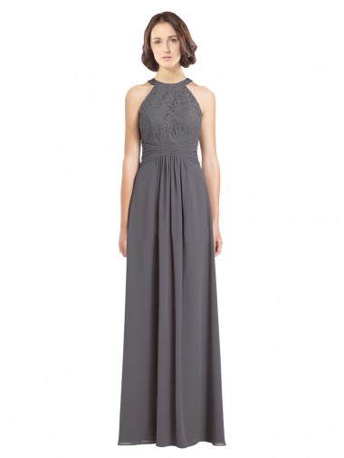 Long Chiffon Bridesmaid Dress with Corded Lace Bodice