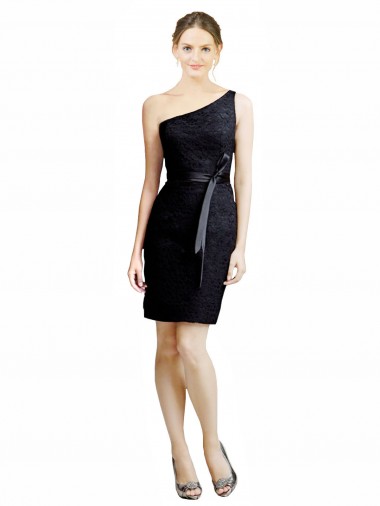 One Shoulder Short Lace Cocktail Bridesmaid Dress with Satin Waistband