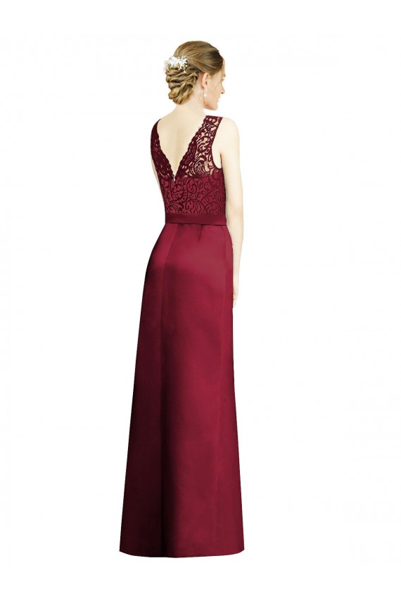 Full Length Sleeveless Satin Bridesmaid Dress with Lace Bodice