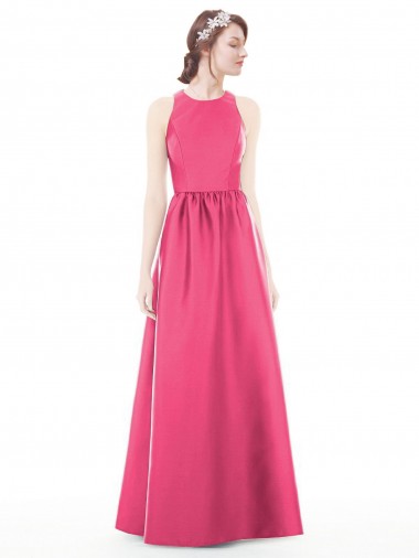 Jewel Neck Keyhole Back Sleek Long Satin Bridesmaid Dress
