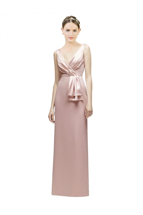 Sleeveless V-Neck Long Satin Bridesmaid Dress with Draped Bodice and Tiered Bow