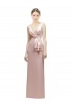 Sleeveless V-Neck Long Satin Bridesmaid Dress with Draped Bodice and Tiered Bow