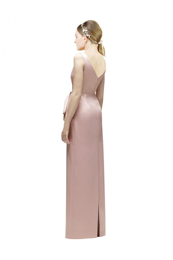 Sleeveless V-Neck Long Satin Bridesmaid Dress with Draped Bodice and Tiered Bow