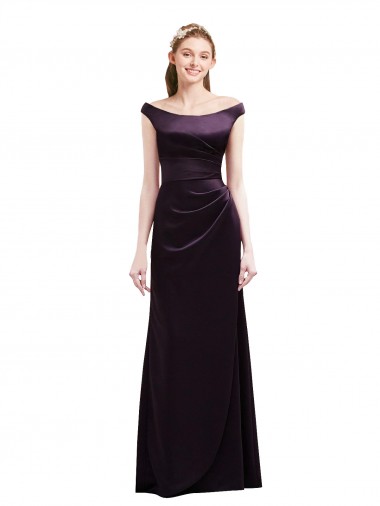 Off The Shoulder Long Satin Bridesmaid Dress with Asymmetrical Pleated Bodice