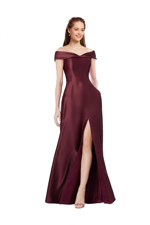 Long Off the Shoulder Formal Satin Bridesmaid Dress / Prom Dress with Thigh-high Slit