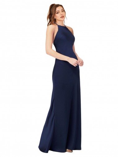 High Neck Satin Bridesmaid Dress / Prom Dress with Strappy Back
