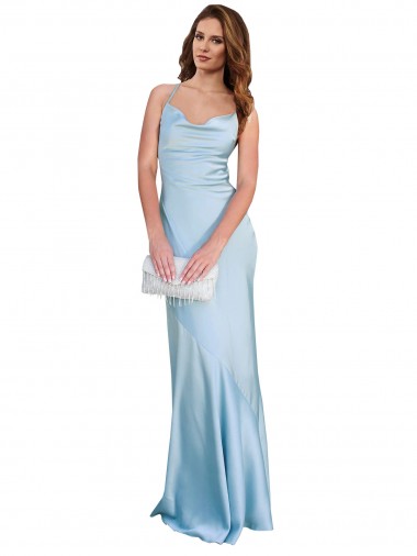 Open Back with Ties Cowl Neck Sheath Formal Silky Satin Long Bridessmaid Dress
