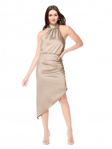 Silky Satin High Low Midi Cocktail Length Bridesmaid Dress / Prom Dress with Asymmetric Skirt