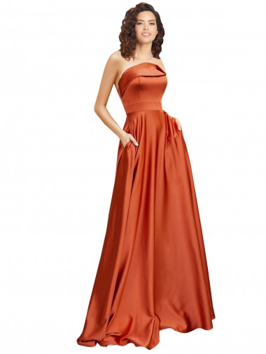 Strapless Sweep Train Formal Silky Satin Bridesmaid Dress / Prom Dress with Pleats