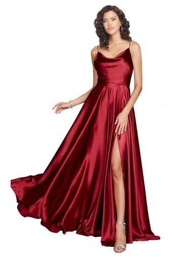 Cowl Neckline Long Formal Silky Satin Bridesmaid Dress / Prom Dress with Spaghetti Straps