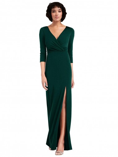 Floor Length 3/4 Sleeves V-Back Draped Wrap Formal Maxi Spandex Bridesmaid Dress / Prom Dress
