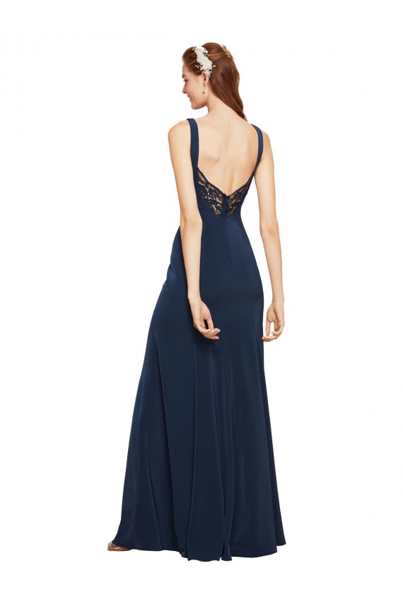 Fit and Flare Long Formal Crepe Bridesmaid Dress / Prom Dress with Round Neck