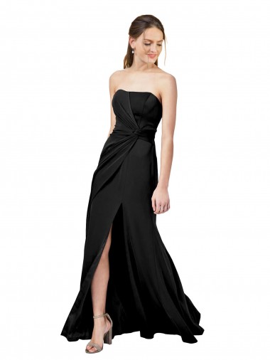 Strapless Fit and Flare Long Formal Crepe Bridesmaid Dress / Prom Dress with Knot and Slit