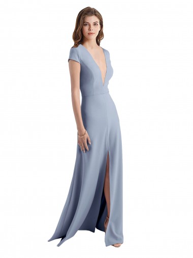 Plunging V-Neck Cap Sleeves Stretch Crepe Bridesmaid Dress / Prom Dress with Front Slit