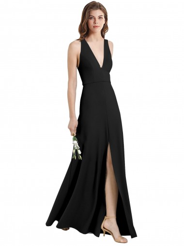 Sleek Halter V-Neck Long A-Line Stretch Formal Crepe Bridesmaid Dress / Prom Dress with Front Slit