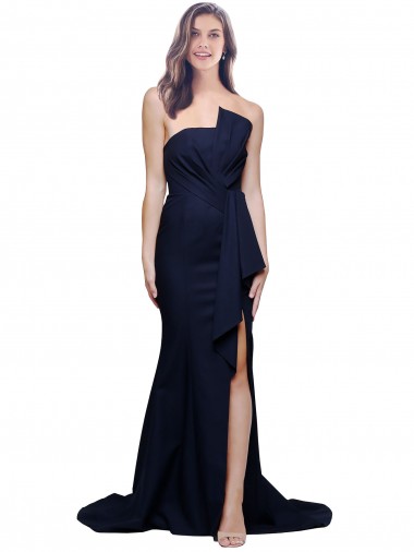 Long Strapless Sweep Train Low Back Crepe Bridesmaid Dress / Prom Dress
