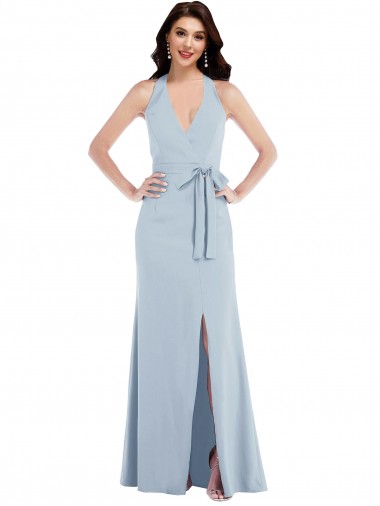 Open Back Halter Maxi Formal Crepe Bridesmaid Dress / Prom Dress with Draped Bow