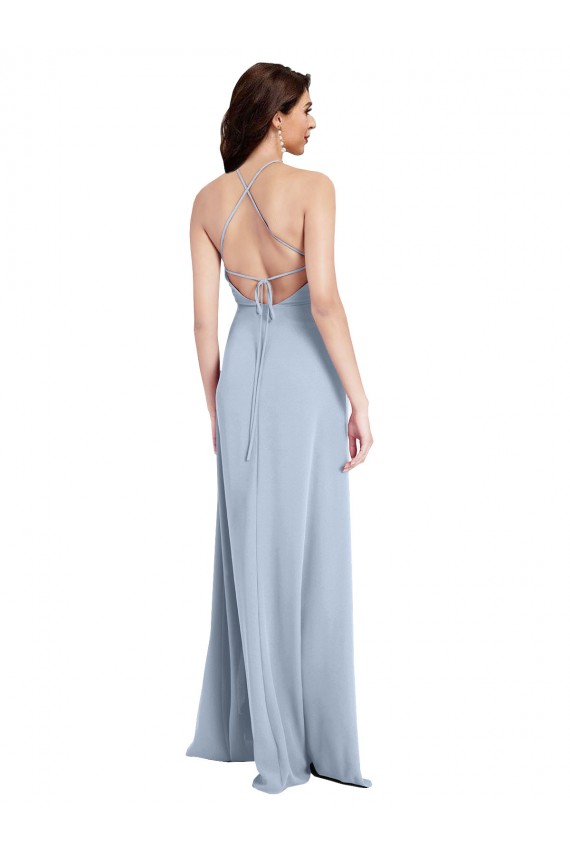 Fit and Flare High Neck Formal Crepe Bridesmaid Dress / Prom Dress with Side Slit