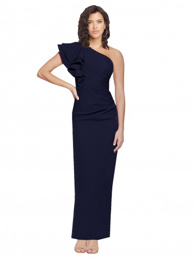 Ruched Floor Length Long Formal Crepe Bridesmaid Dress / Prom Dress with Shoulder Ruffles