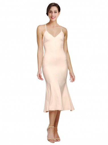 Midi Cocktail Length V-Neckline Crepe Bridesmaid Dress / Prom Dress with Thin Straps and Fulted Skirt