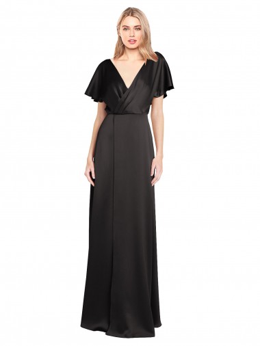 Cap Sleeves Open Back Long Formal Stretch Satin Bridesmaid Dress / Prom Dress