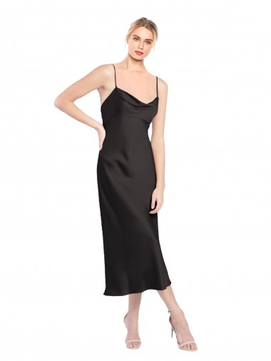 Cowl Neck Midi Length Short Cocktail Formal Stretch Satin Slip Bridesmaid Dress / Prom Dress