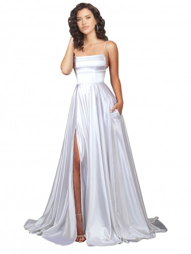 Simple A-Line Corset Style Pleated Long Stretch Satin Beach Wedding Dress with High Slit