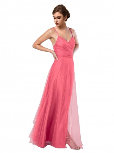 Flowy A-Line Tulle Bridesmaid Dress with Double Straps and V-Neck