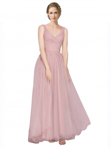 Long Floor Length Wide Strap Plunge Cross Over Neckline Tulle Bridesmaid Dress