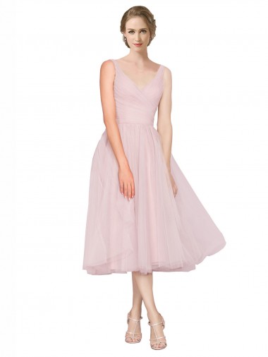 Short Tea Length Wide Strap Plunge Cross Over Neckline Tulle Cocktail Bridesmaid Dress